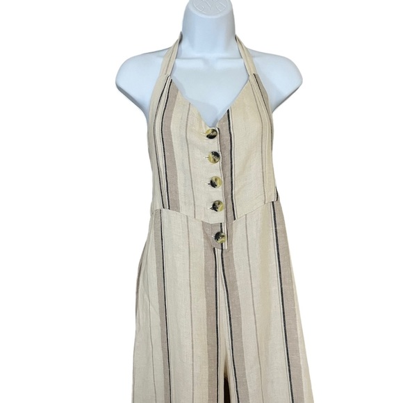 Linen Blend Striped Halter Jumpsuit Size L - Picture 3 of 6